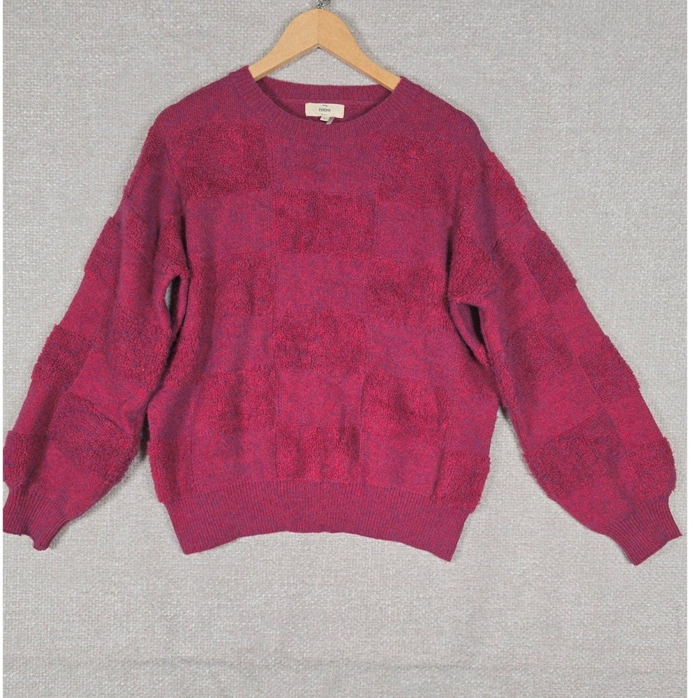 Entro Magenta Pink Checkerboard Textured Knit Balloon Sleeve Sweater Size L